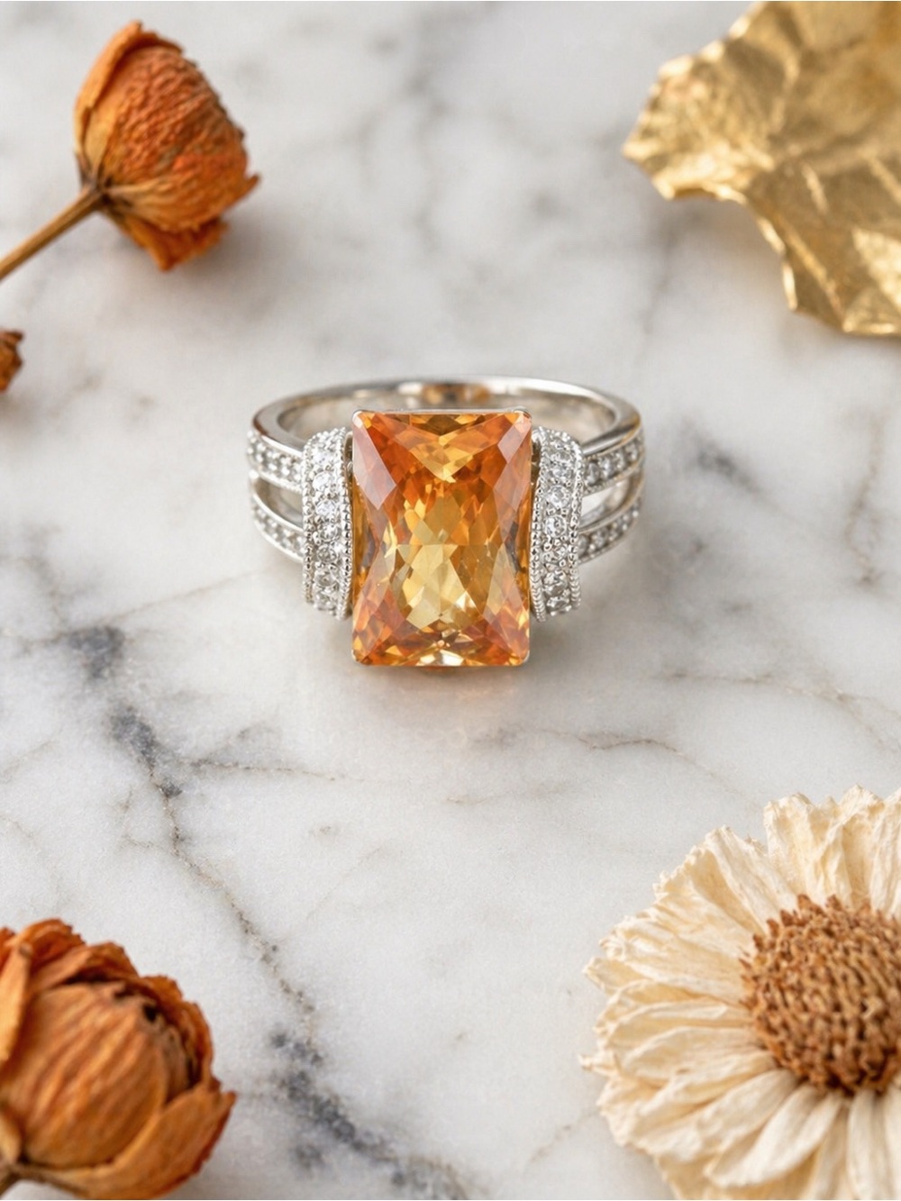 ESPO Joseph Esposito 925 Sterling Orange Cognac CZ Cocktail Ring 7 Signed